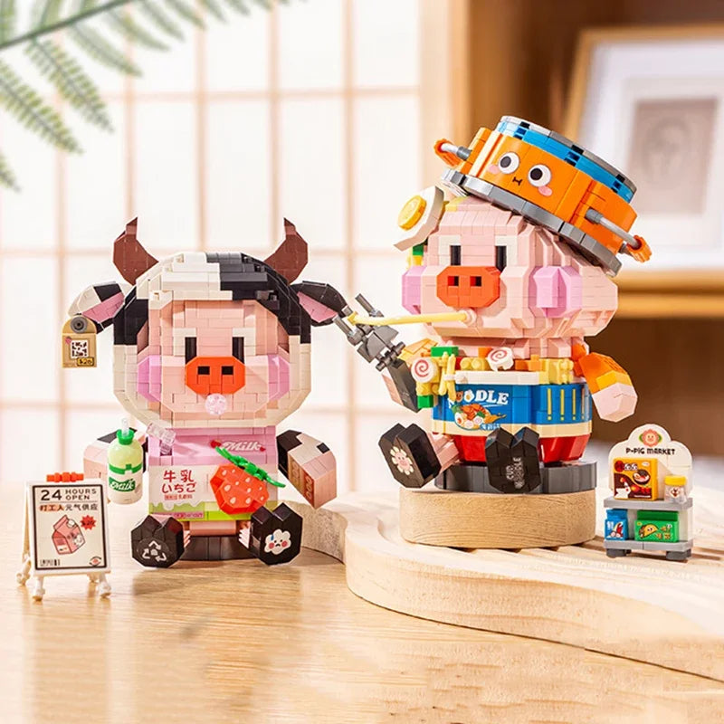 Creative Animal Pig Building Block Set DIY Cute Calf Model Small Particle Assembled Bricks Children's Educational Toy Gift