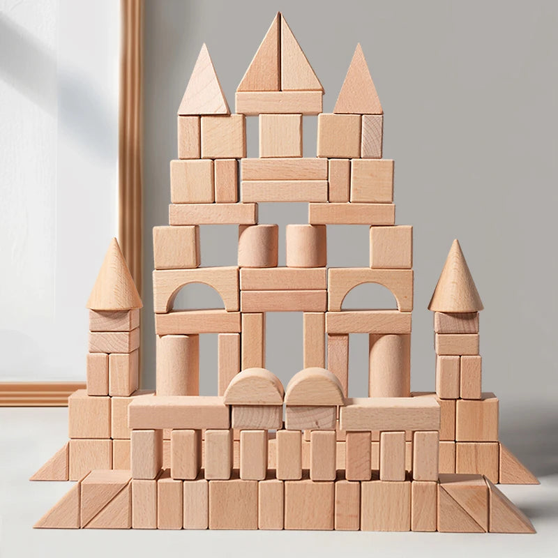 100pcs Natural Wood Building Blocks for Toddlers Geometric Storage Bucket and Shape Sorter Lid Montessori Educational Toys