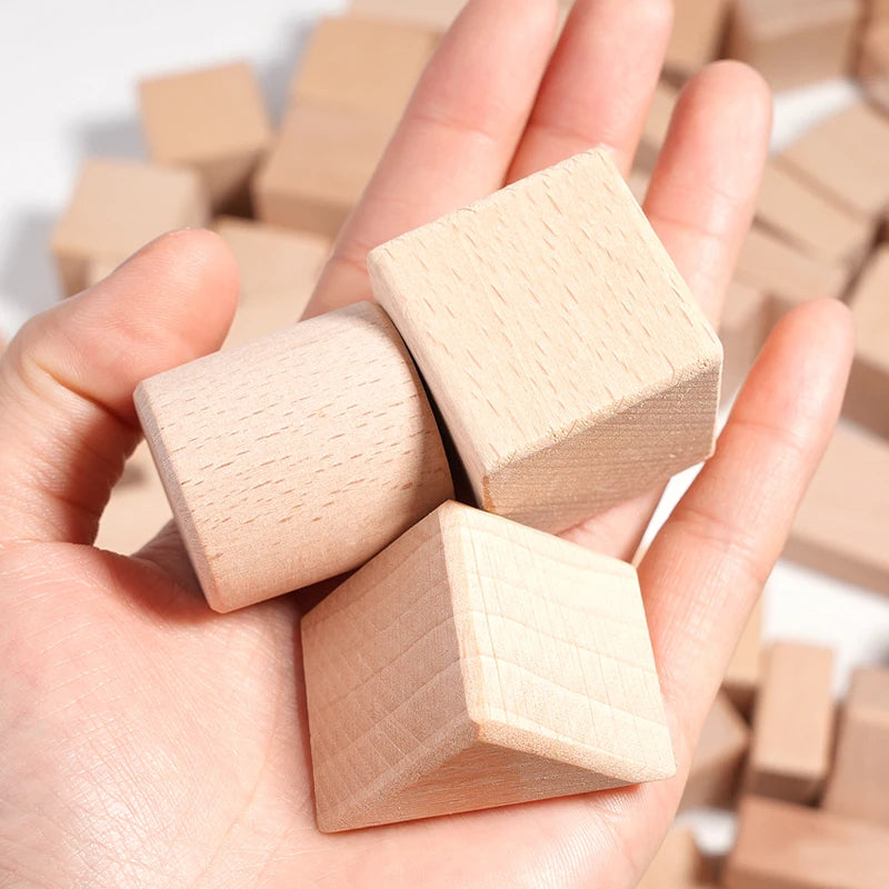 100pcs Natural Wood Building Blocks for Toddlers Geometric Storage Bucket and Shape Sorter Lid Montessori Educational Toys